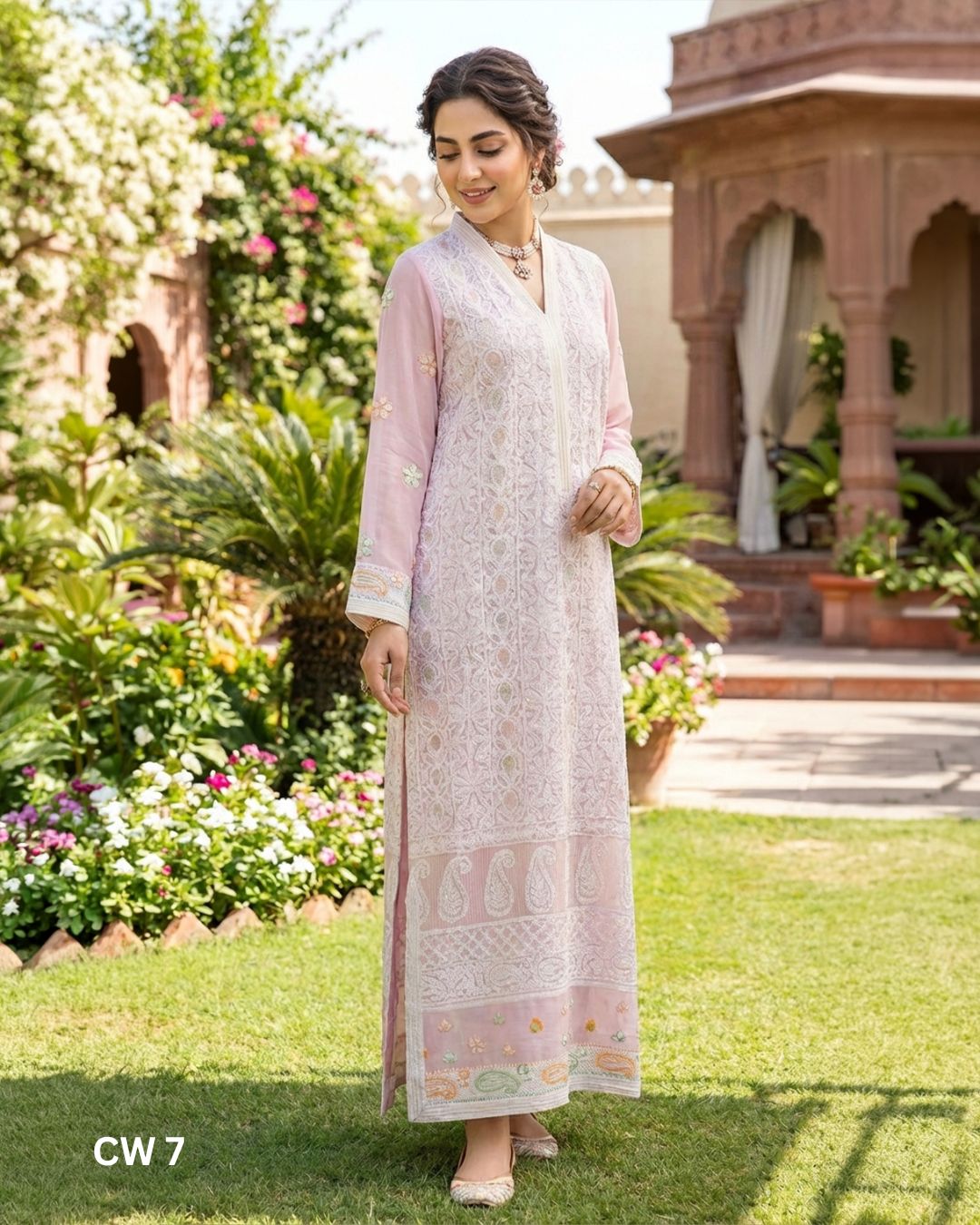 Teeja Dhariwal Pure Chiffon Hand Embroidered Suit with Chicken Kari & Bead Work – CW 7