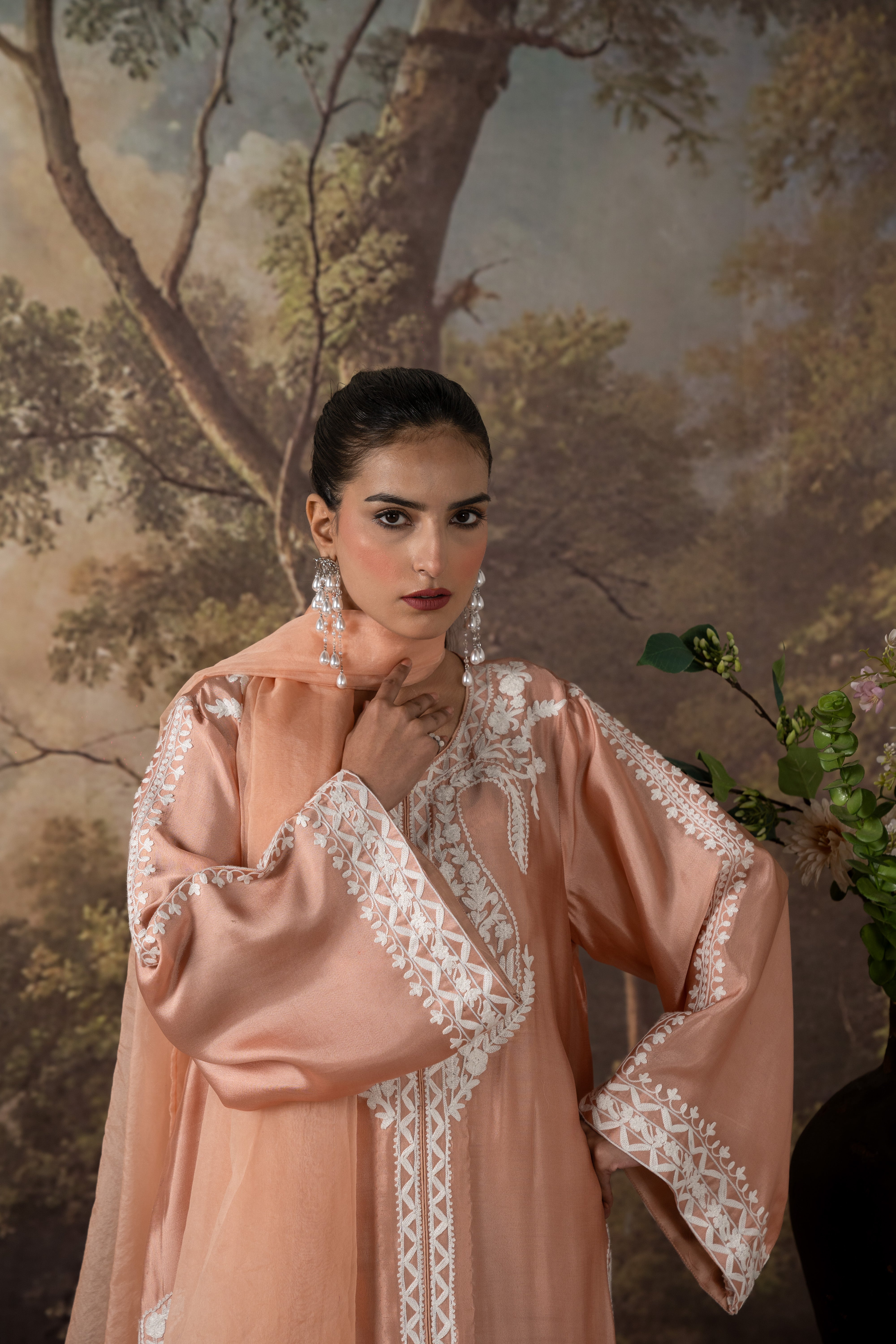 Coral pink embroidered