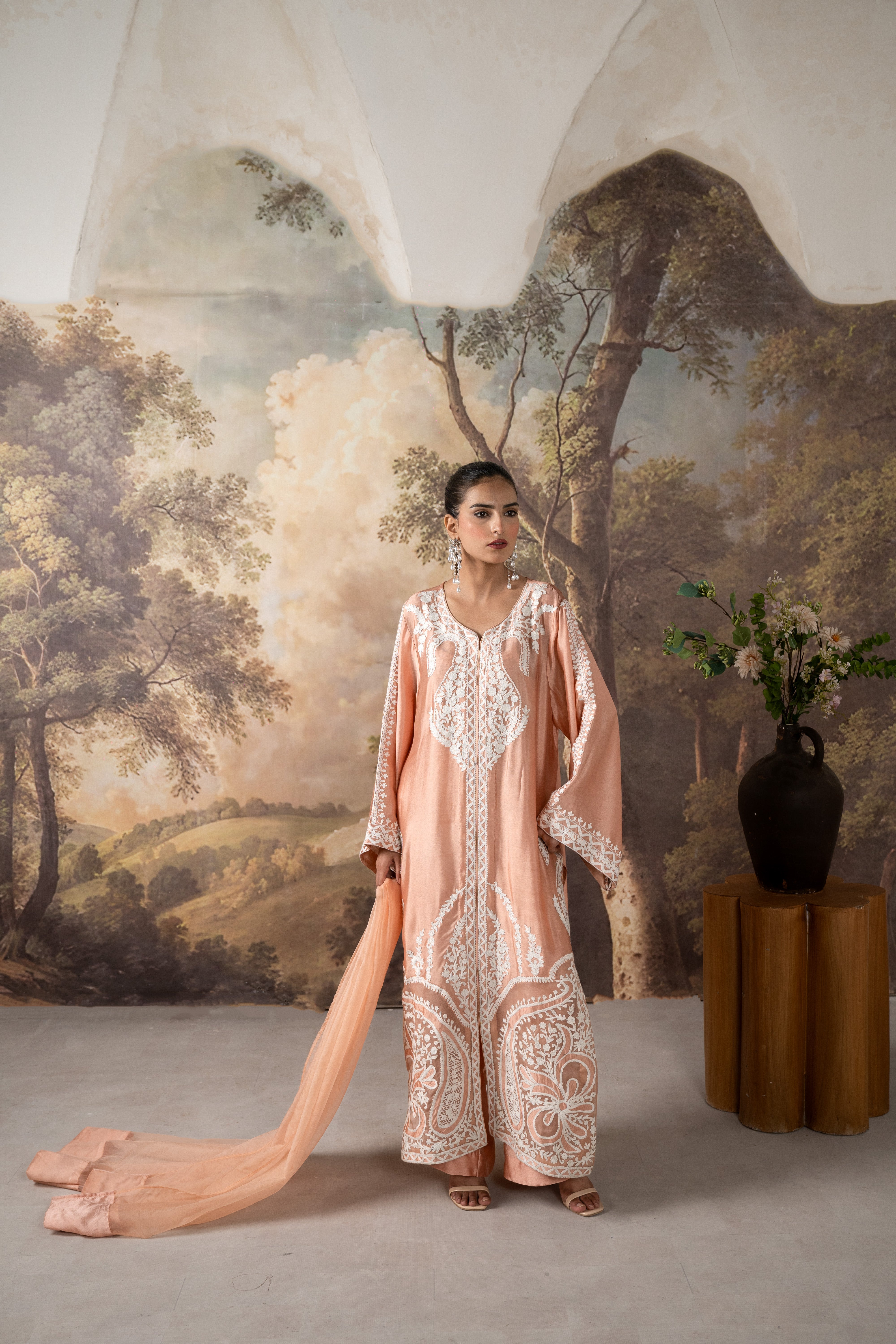 Coral pink embroidered