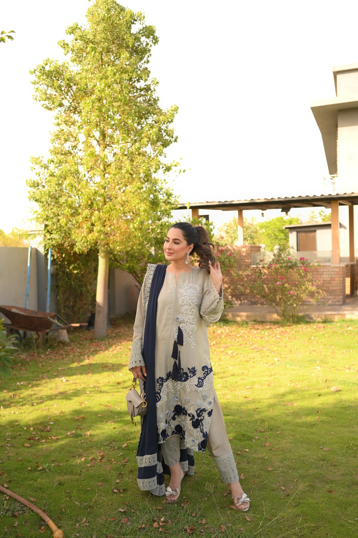 Grey and blue raw silk outfit