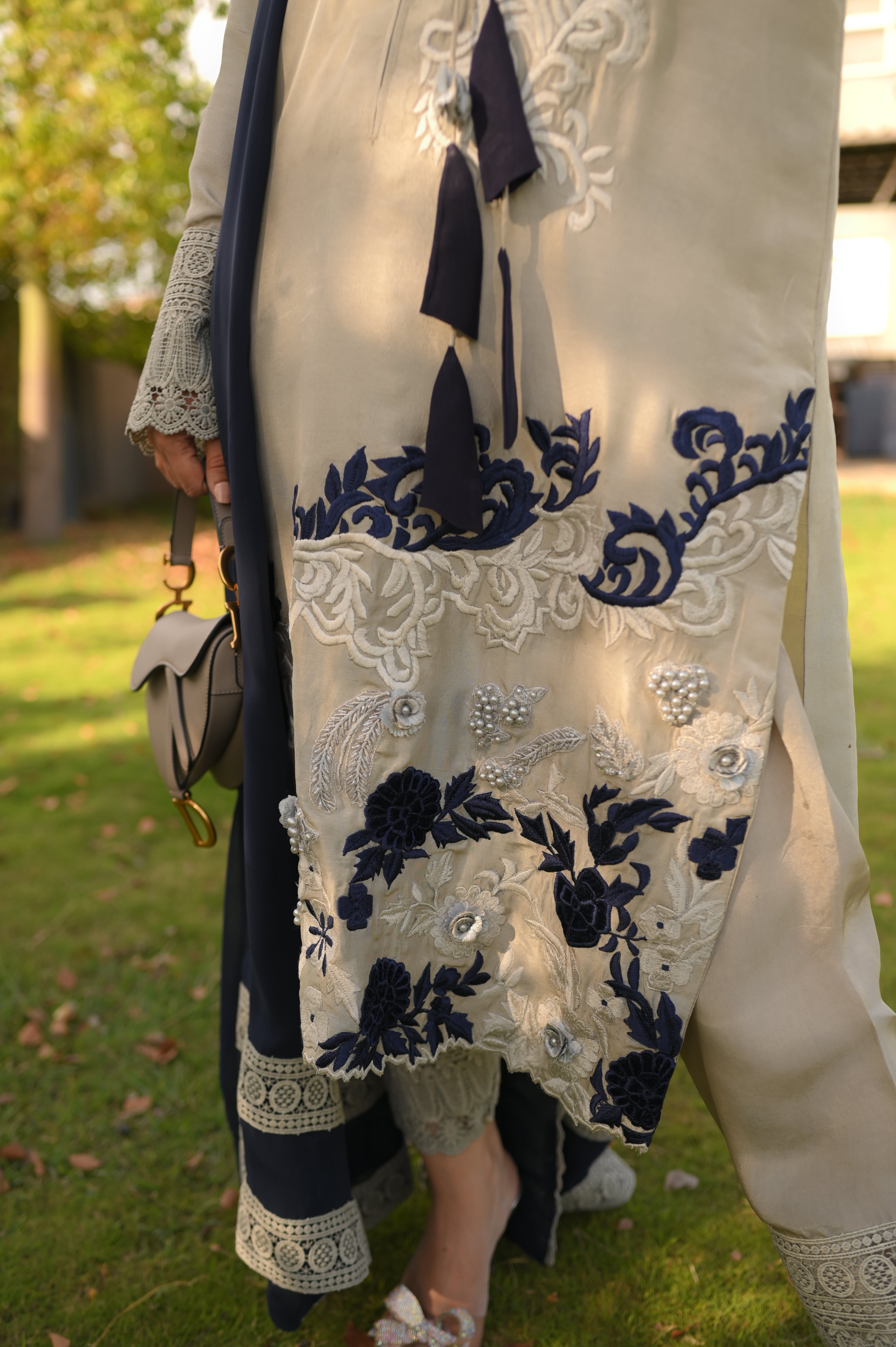 Grey and blue raw silk outfit