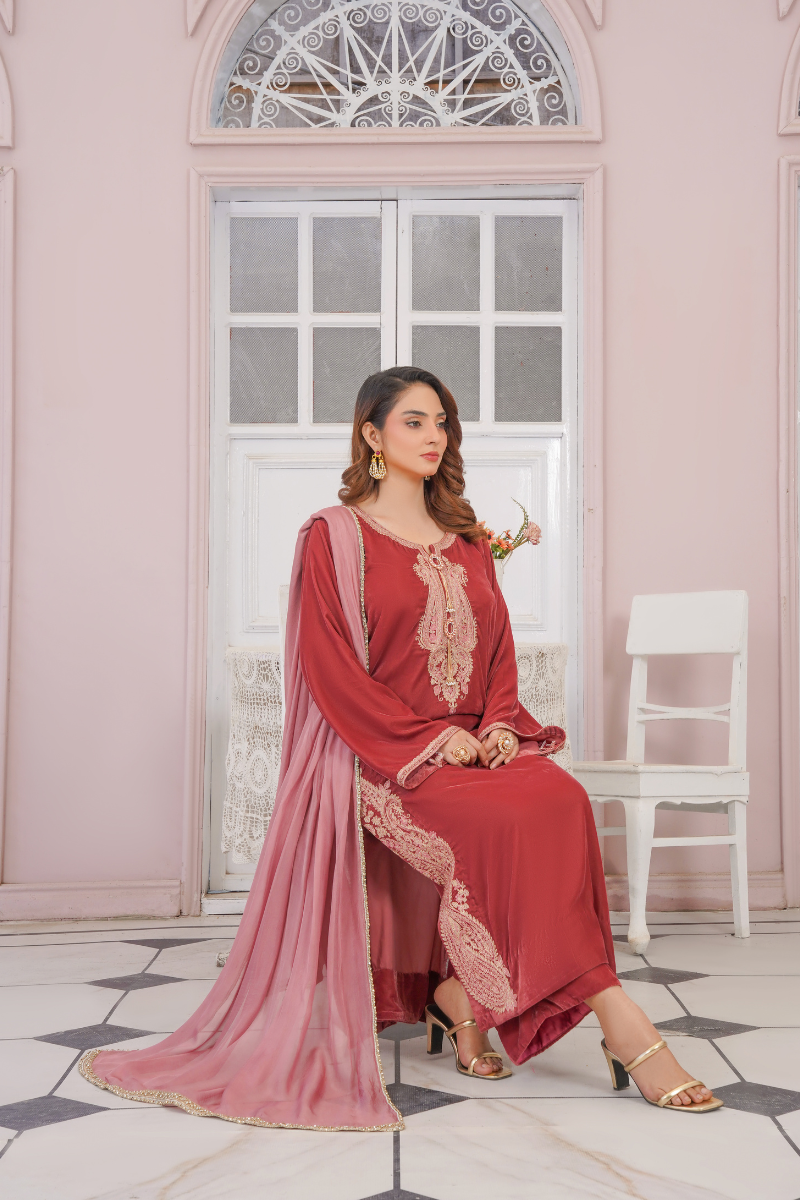 Dusty Rose  Embroidered 3-Piece  Suit