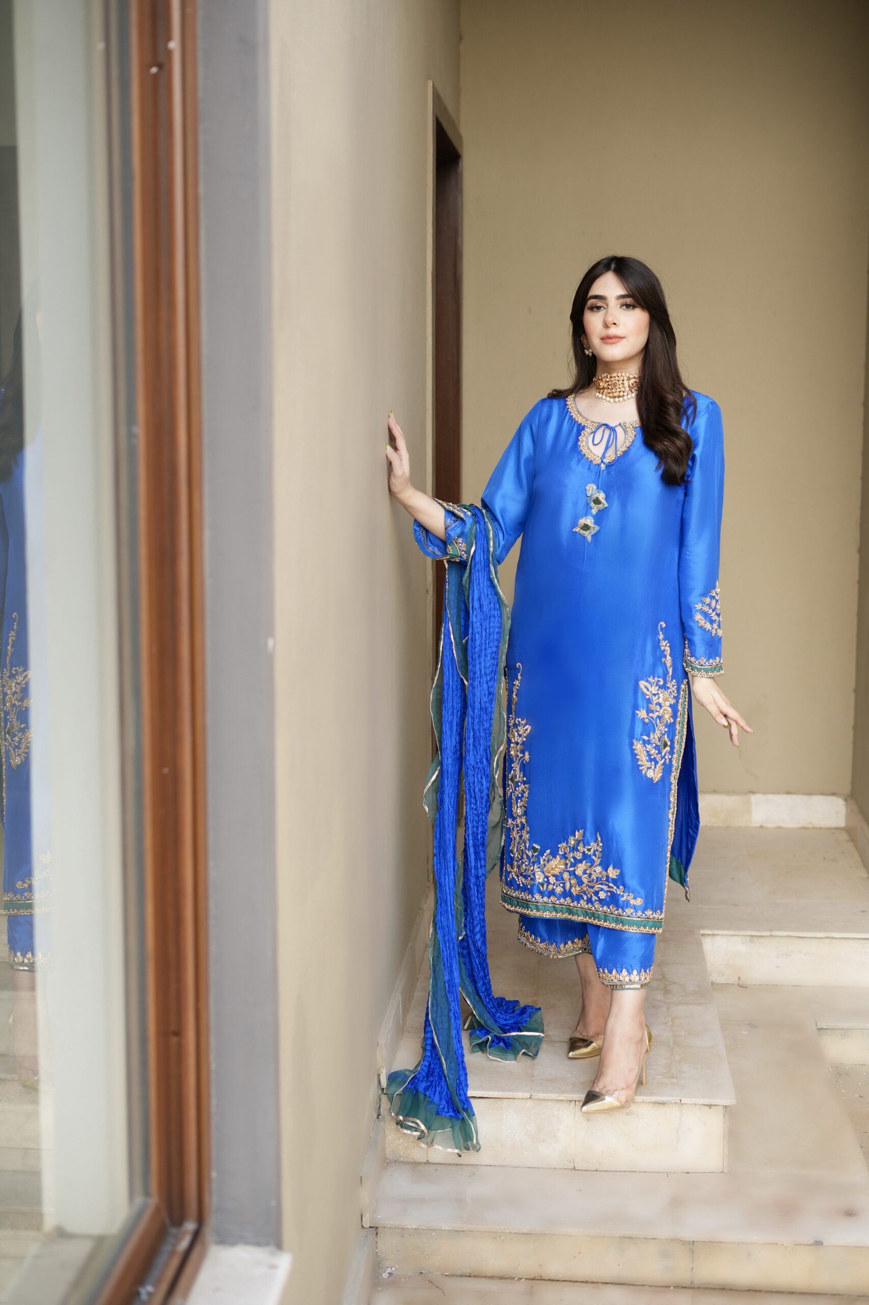 Handworked outfit and worked pants crushed silk dupatta