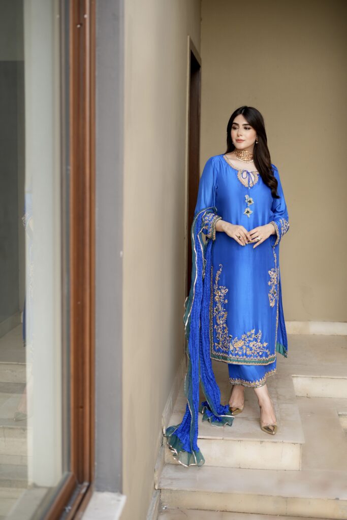 Handworked outfit and worked pants crushed silk dupatta