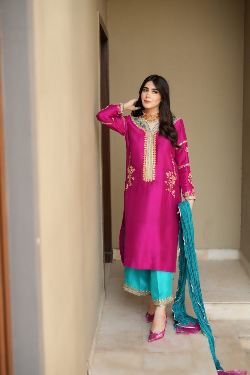 Handworked outfit and worked pants crushed silk dupatta