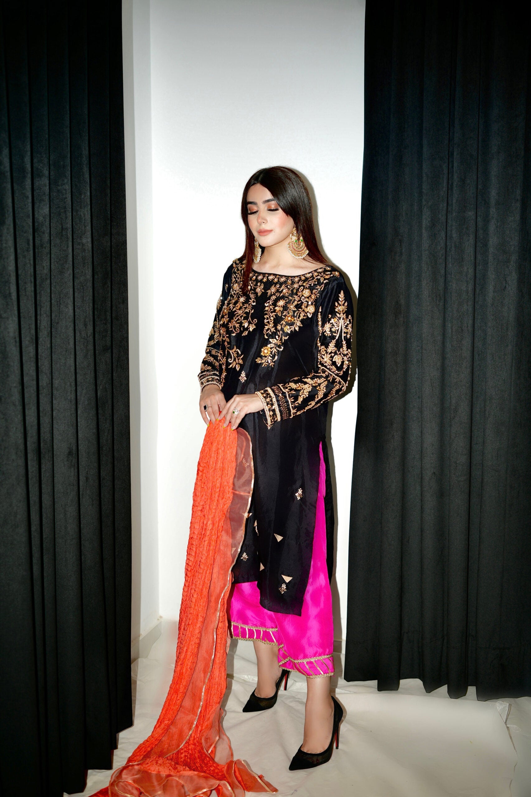 Handworked outfit and worked pants crushed silk dupatta