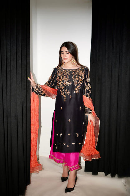 Handworked outfit and worked pants crushed silk dupatta
