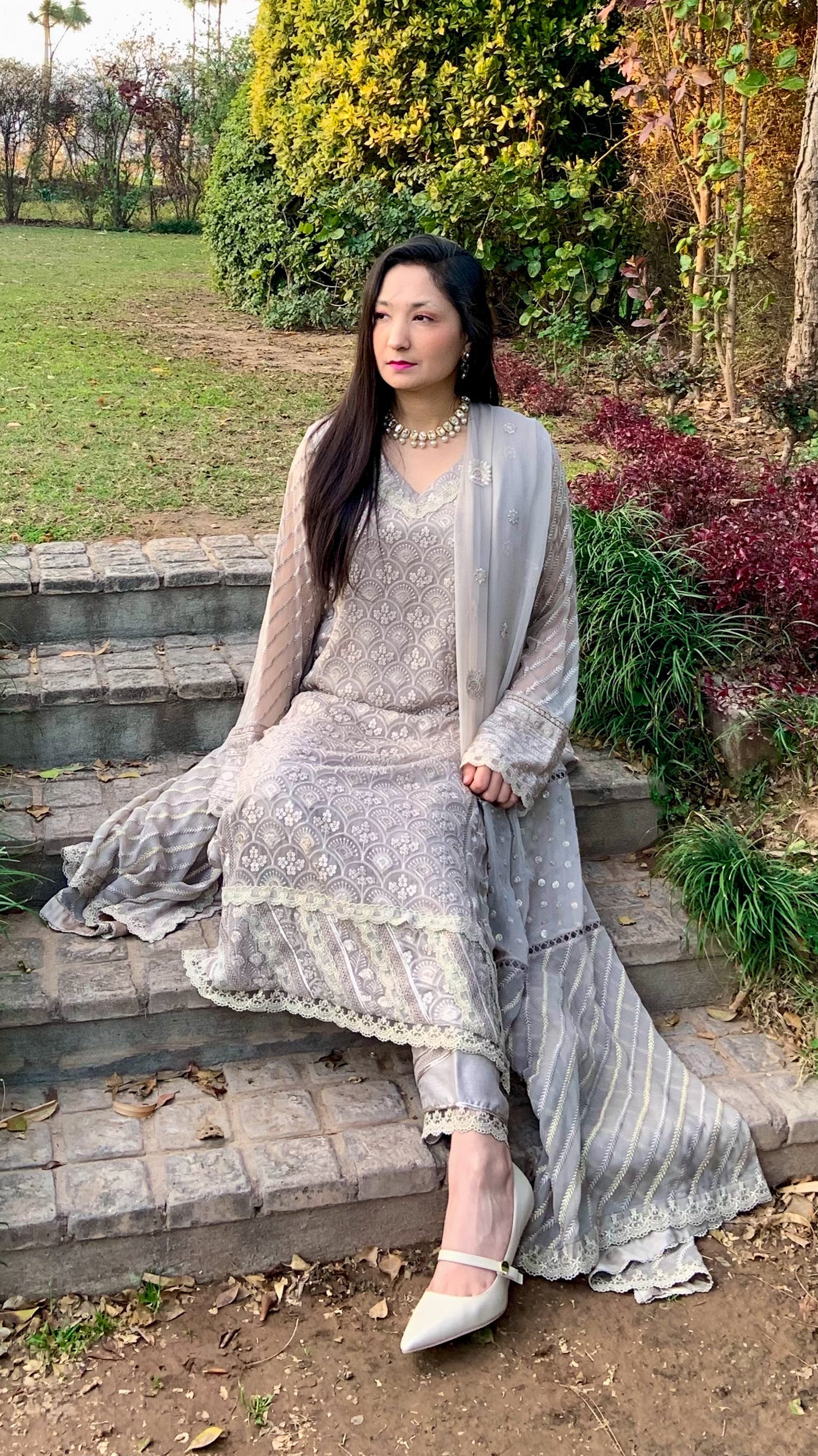 Taupe Chikankari Shirt with Dupatta and Trousers
