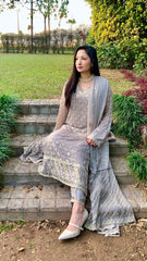 Taupe Chikankari Shirt with Dupatta and Trousers