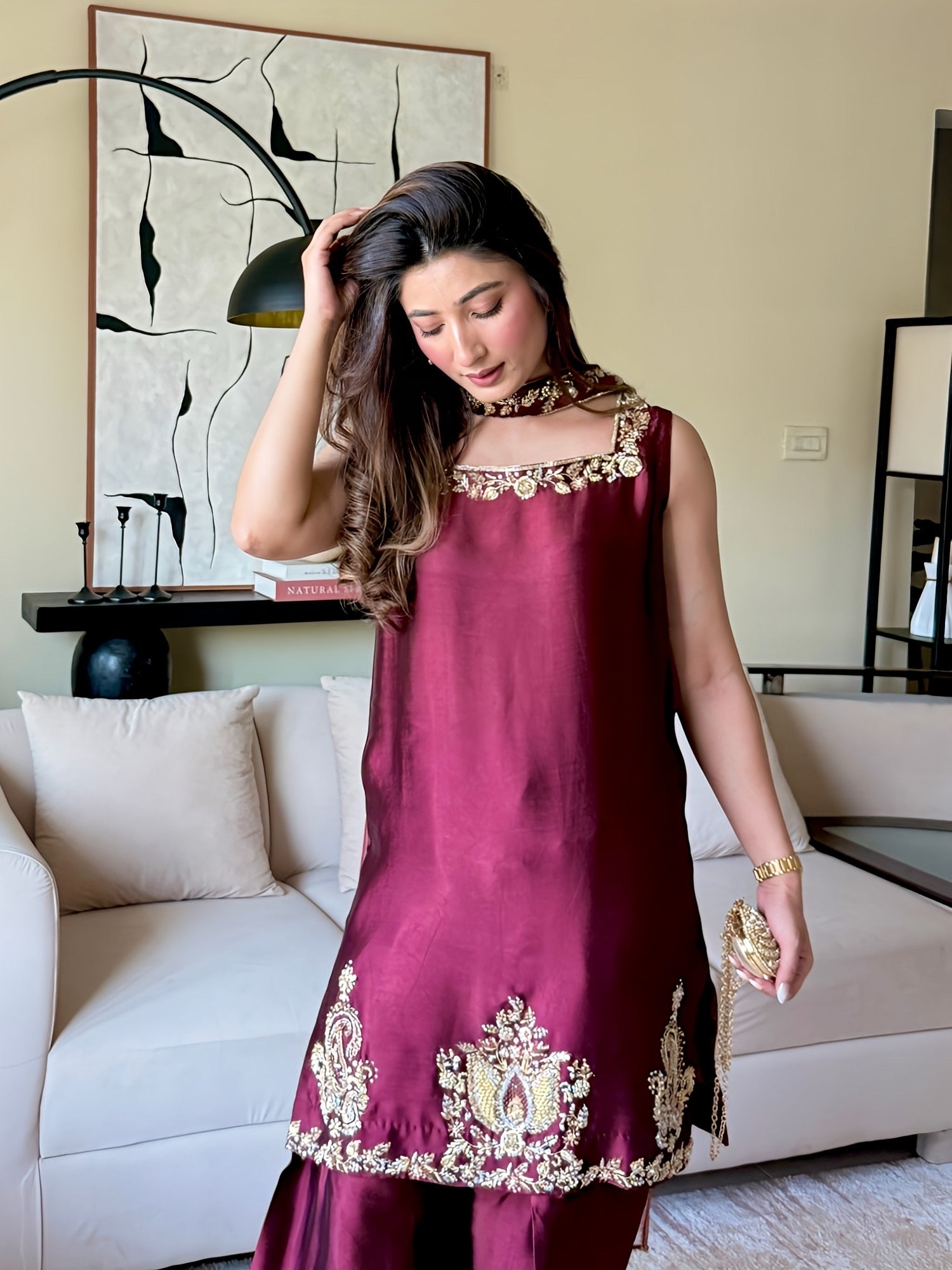 Manal Silk – Maroon Velvet Three-Piece Suit | Muntaha By Shanzay Fahad
