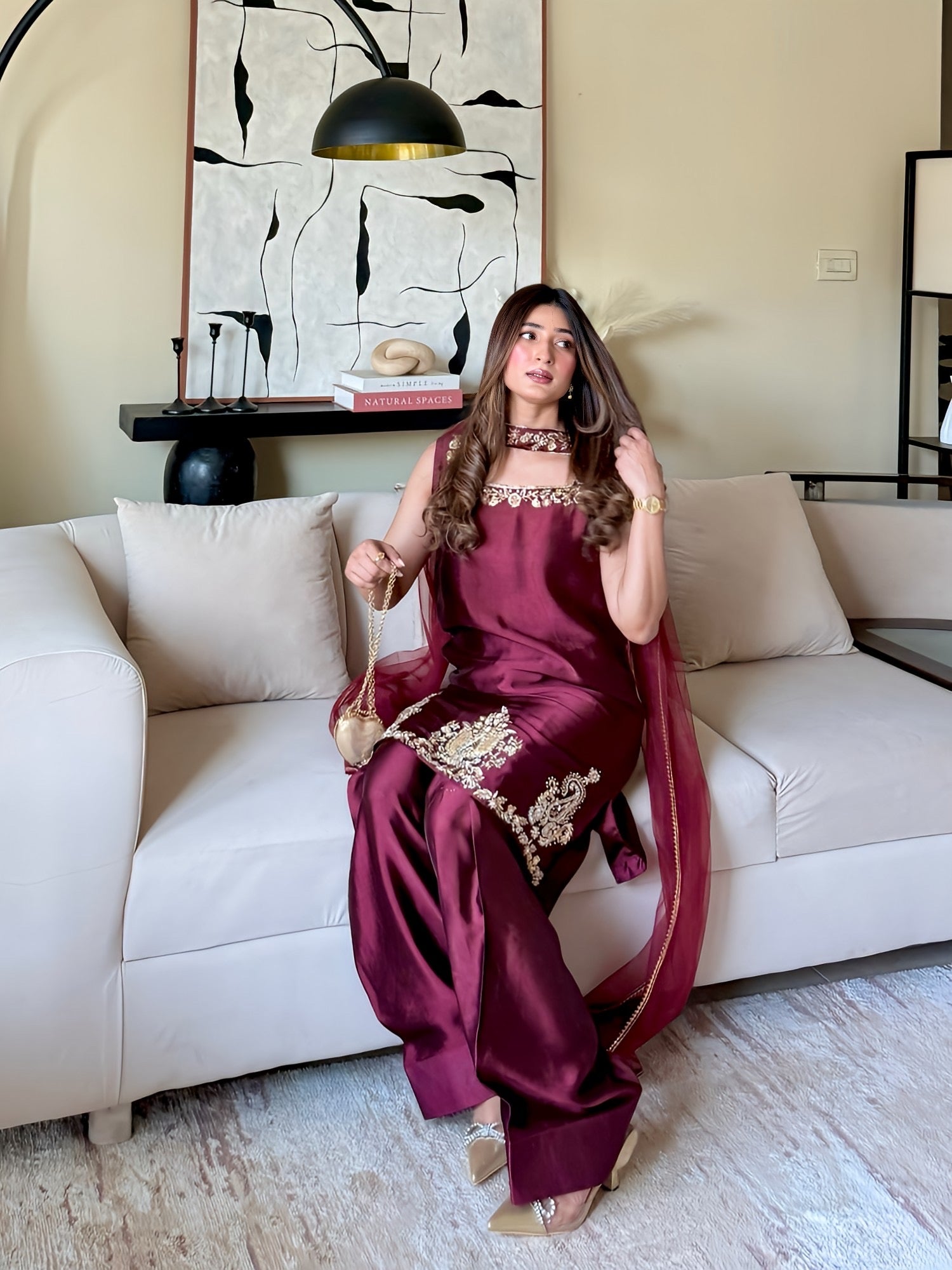 Manal Silk – Maroon Velvet Three-Piece Suit | Muntaha By Shanzay Fahad