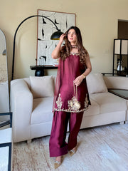 Manal Silk – Maroon Velvet Three-Piece Suit | Muntaha By Shanzay Fahad