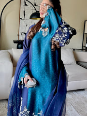 Hirat – Deep Blue Velvet Three-Piece Suit | Muntaha By Shanzay Fahad
