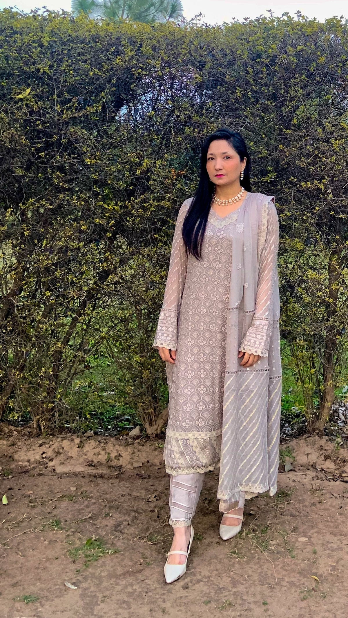 Taupe Chikankari Shirt with Dupatta and Trousers