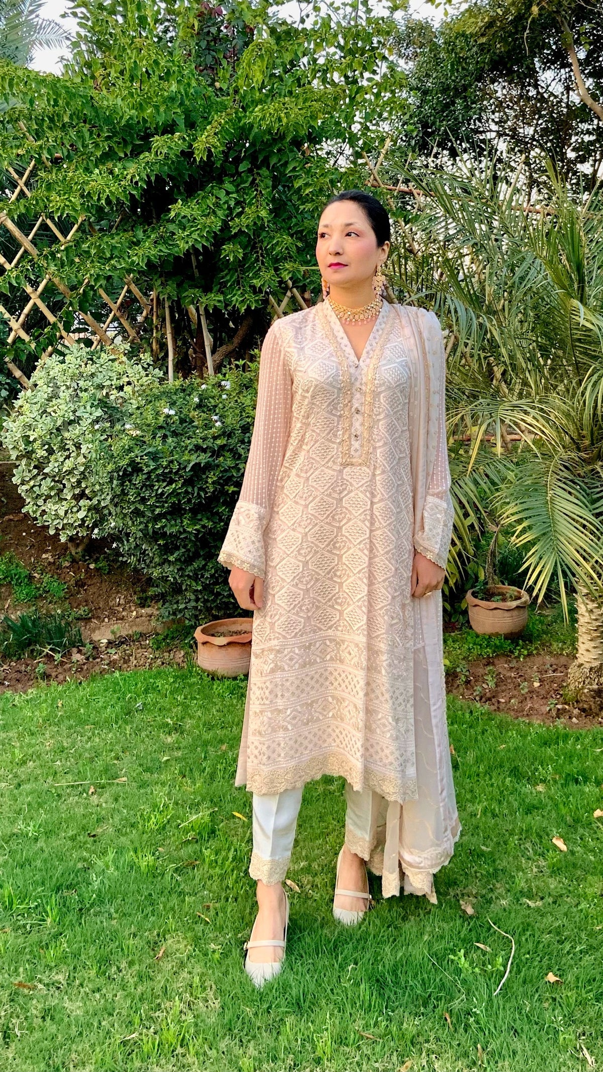 Peach Chikankari Shirt with Dupatta and Trousers