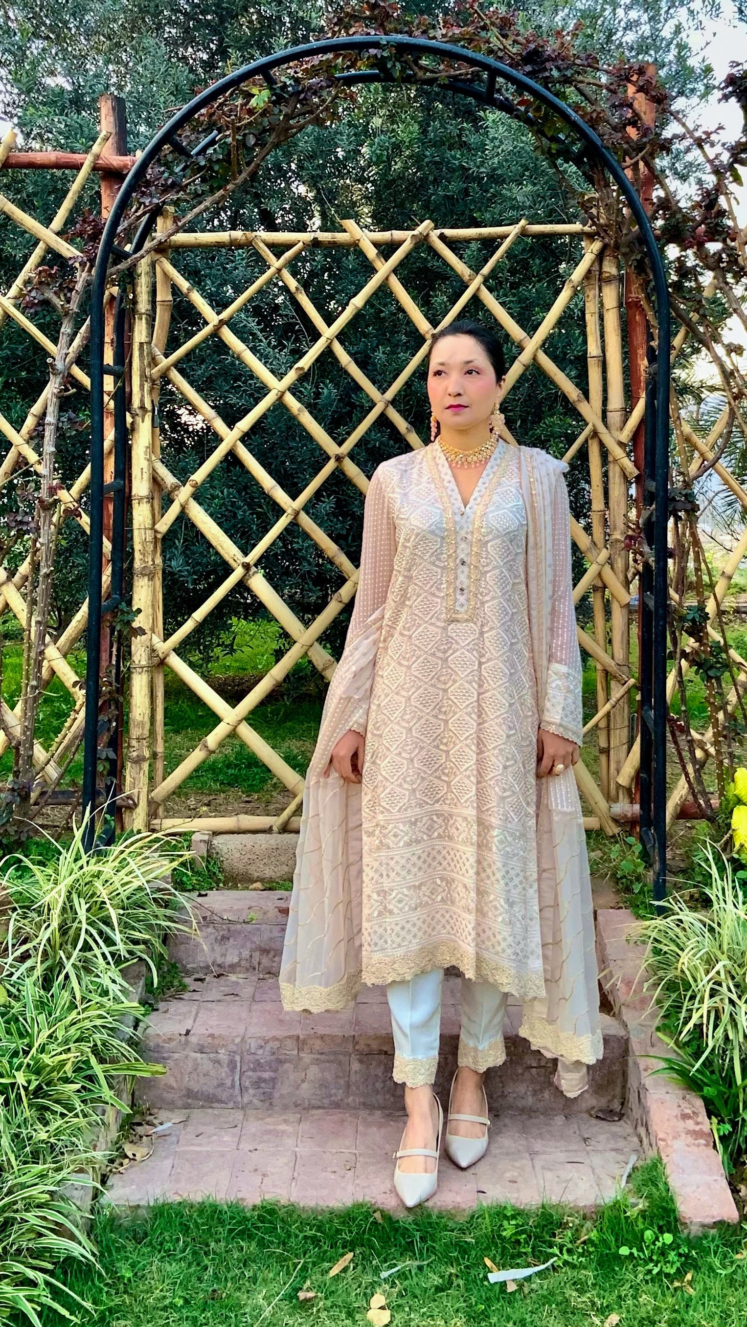 Peach Chikankari Shirt with Dupatta and Trousers