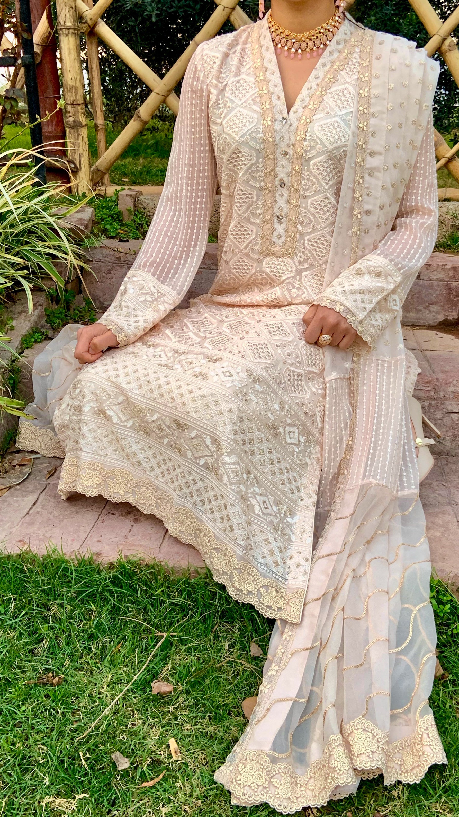 Peach Chikankari Shirt with Dupatta and Trousers