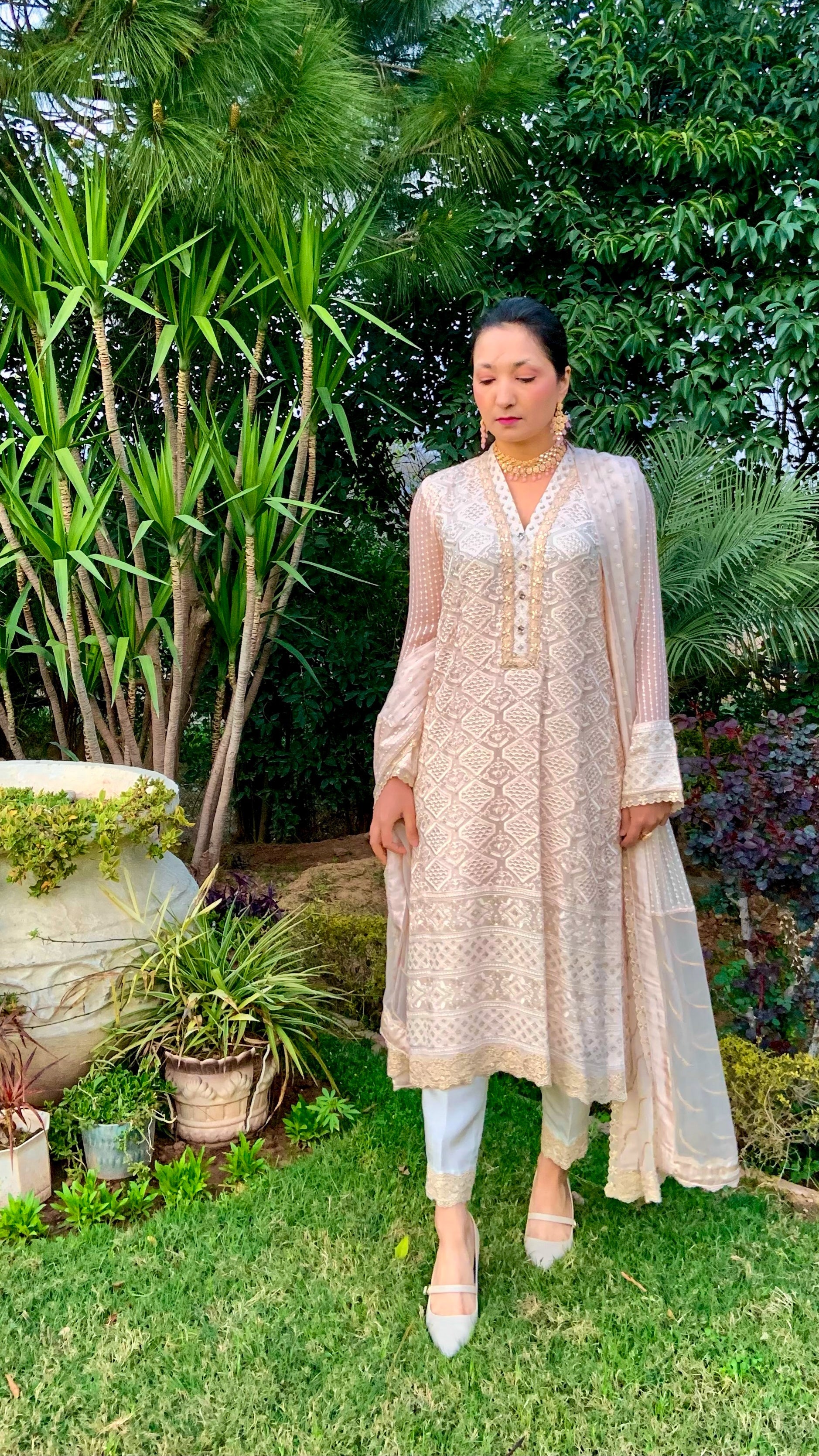 Peach Chikankari Shirt with Dupatta and Trousers