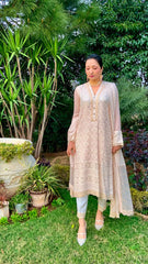 Peach Chikankari Shirt with Dupatta and Trousers