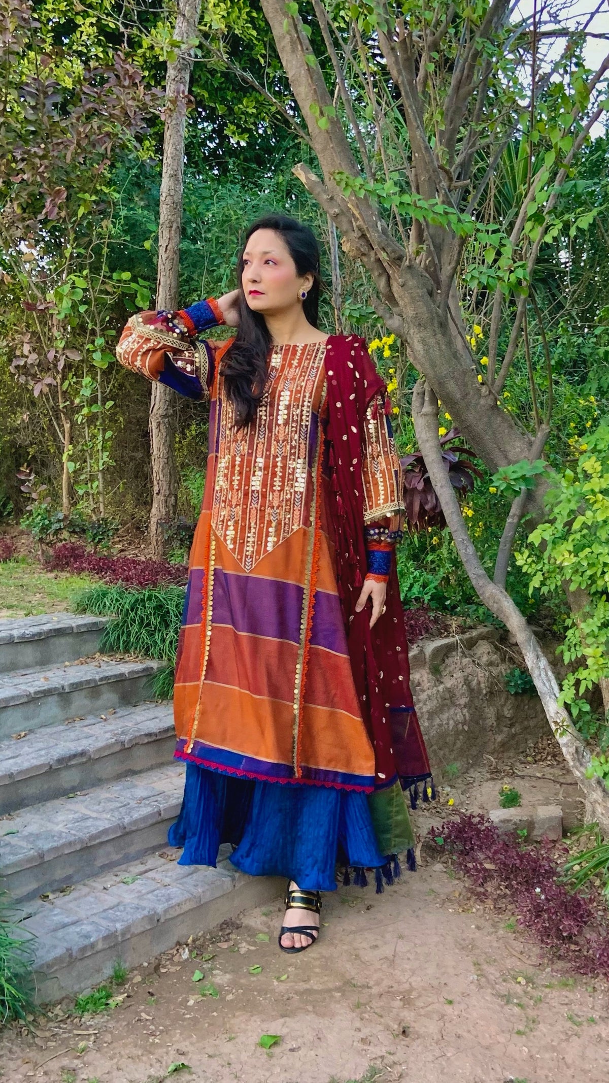 Burnt Orange, Rust and Blue Tri-Coloured Cotton Net Embroidered Shirt with Crushed Silk Dhaka Trousers
