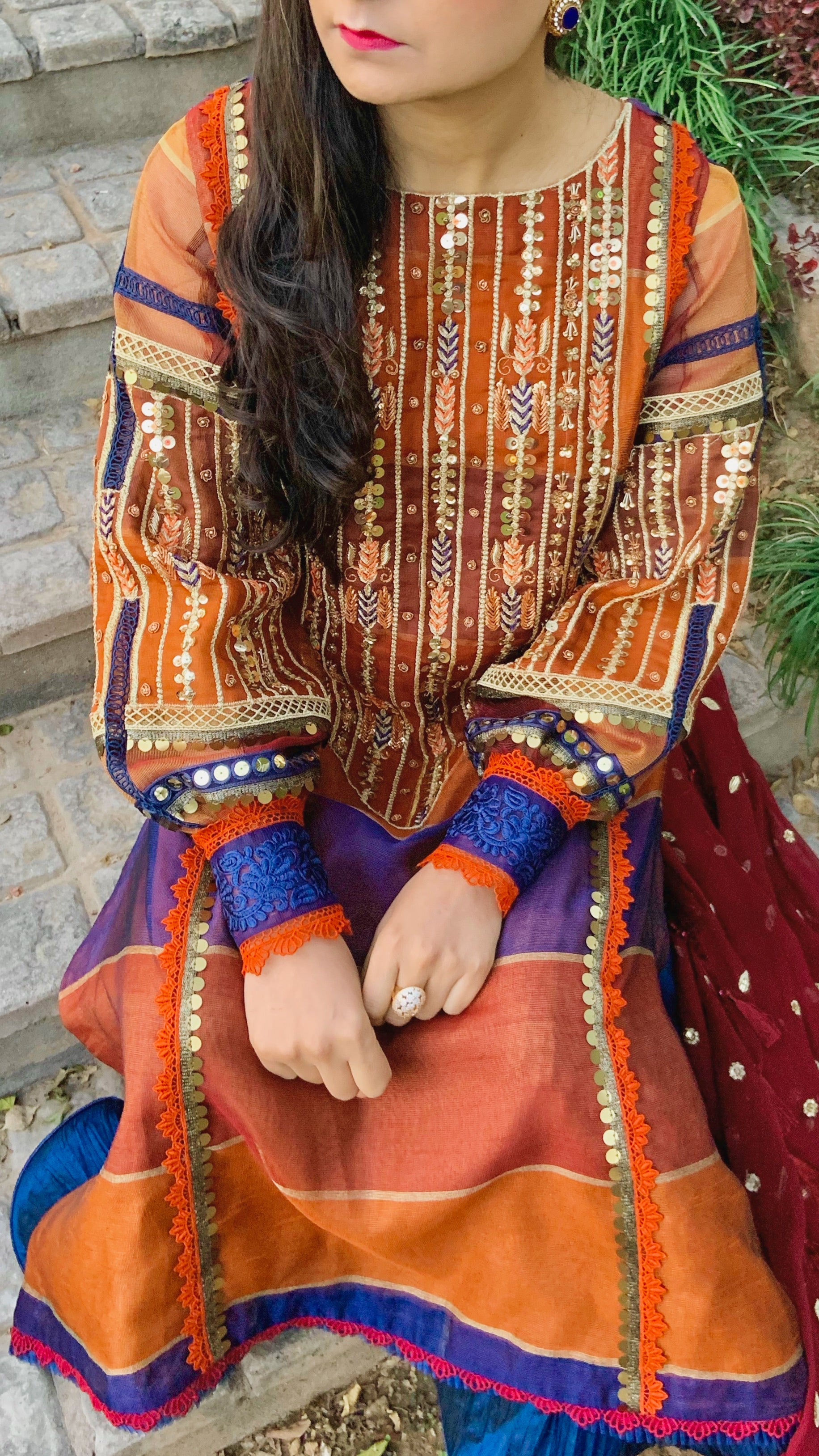 Burnt Orange, Rust and Blue Tri-Coloured Cotton Net Embroidered Shirt with Crushed Silk Dhaka Trousers