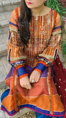 Burnt Orange, Rust and Blue Tri-Coloured Cotton Net Embroidered Shirt with Crushed Silk Dhaka Trousers