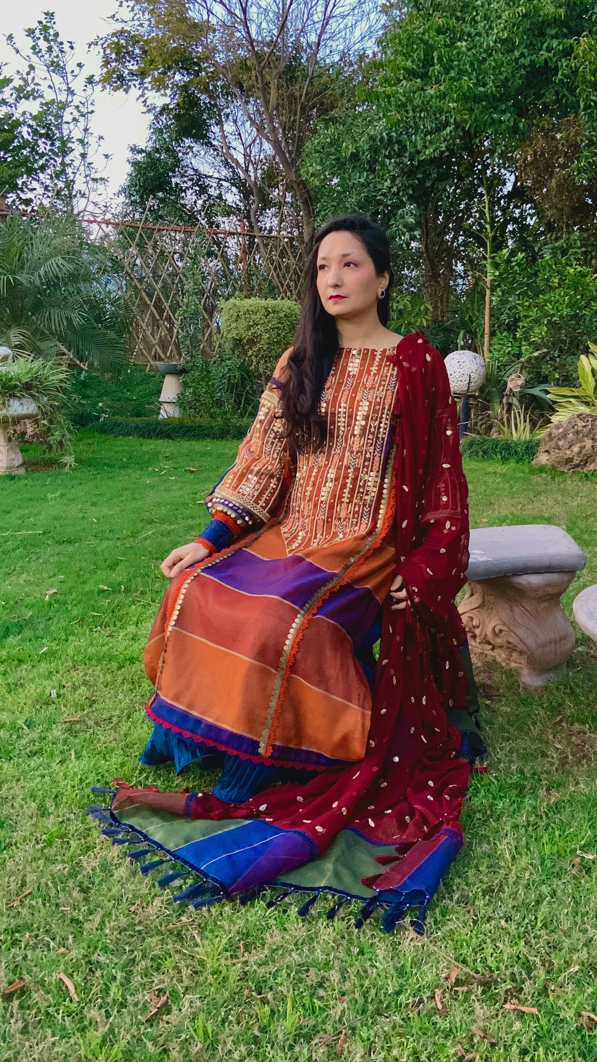 Burnt Orange, Rust and Blue Tri-Coloured Cotton Net Embroidered Shirt with Crushed Silk Dhaka Trousers