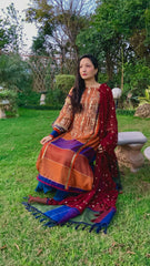 Burnt Orange, Rust and Blue Tri-Coloured Cotton Net Embroidered Shirt with Crushed Silk Dhaka Trousers