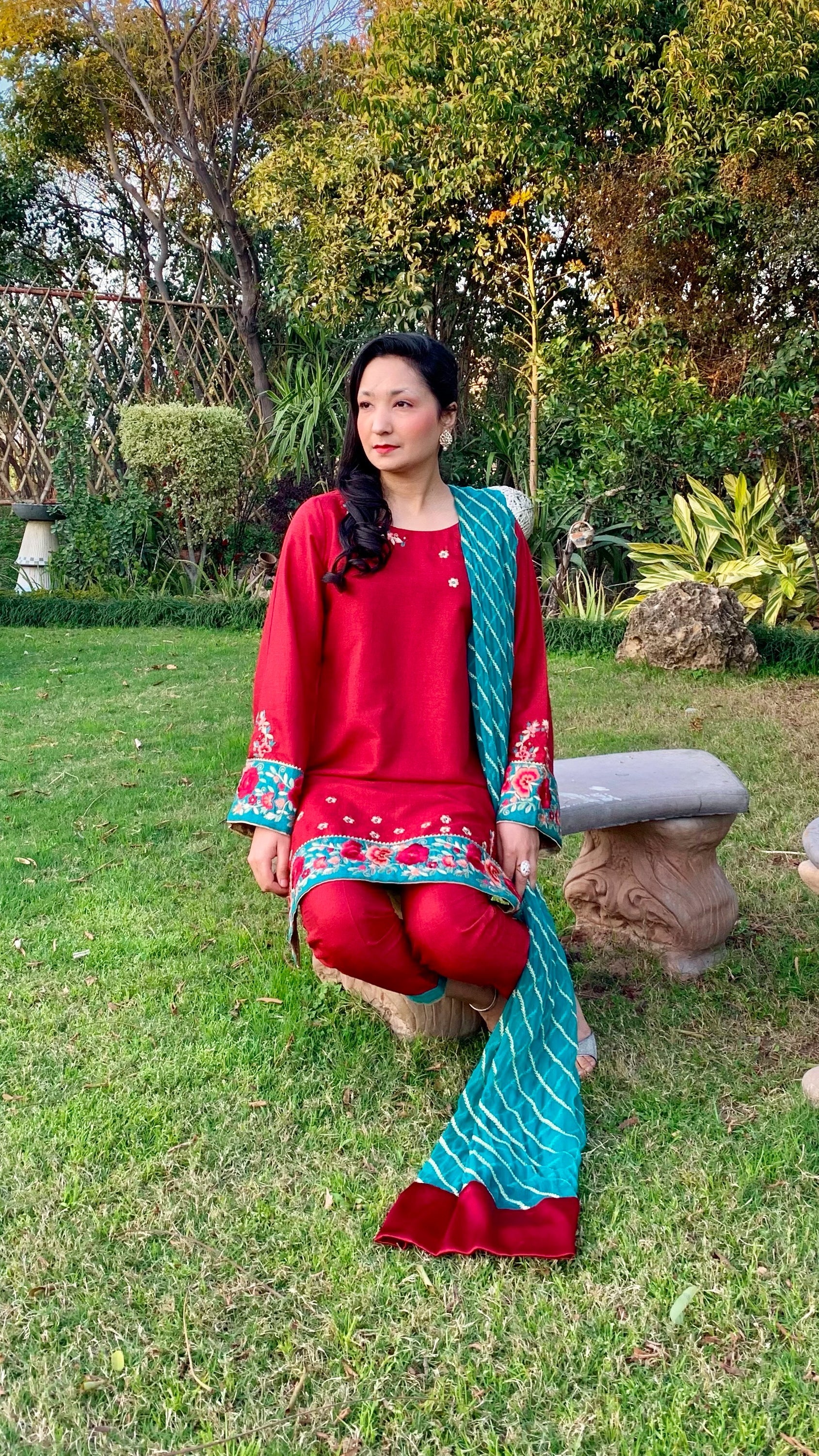 Red Karandi Raw Silk Shirt with Embroidery