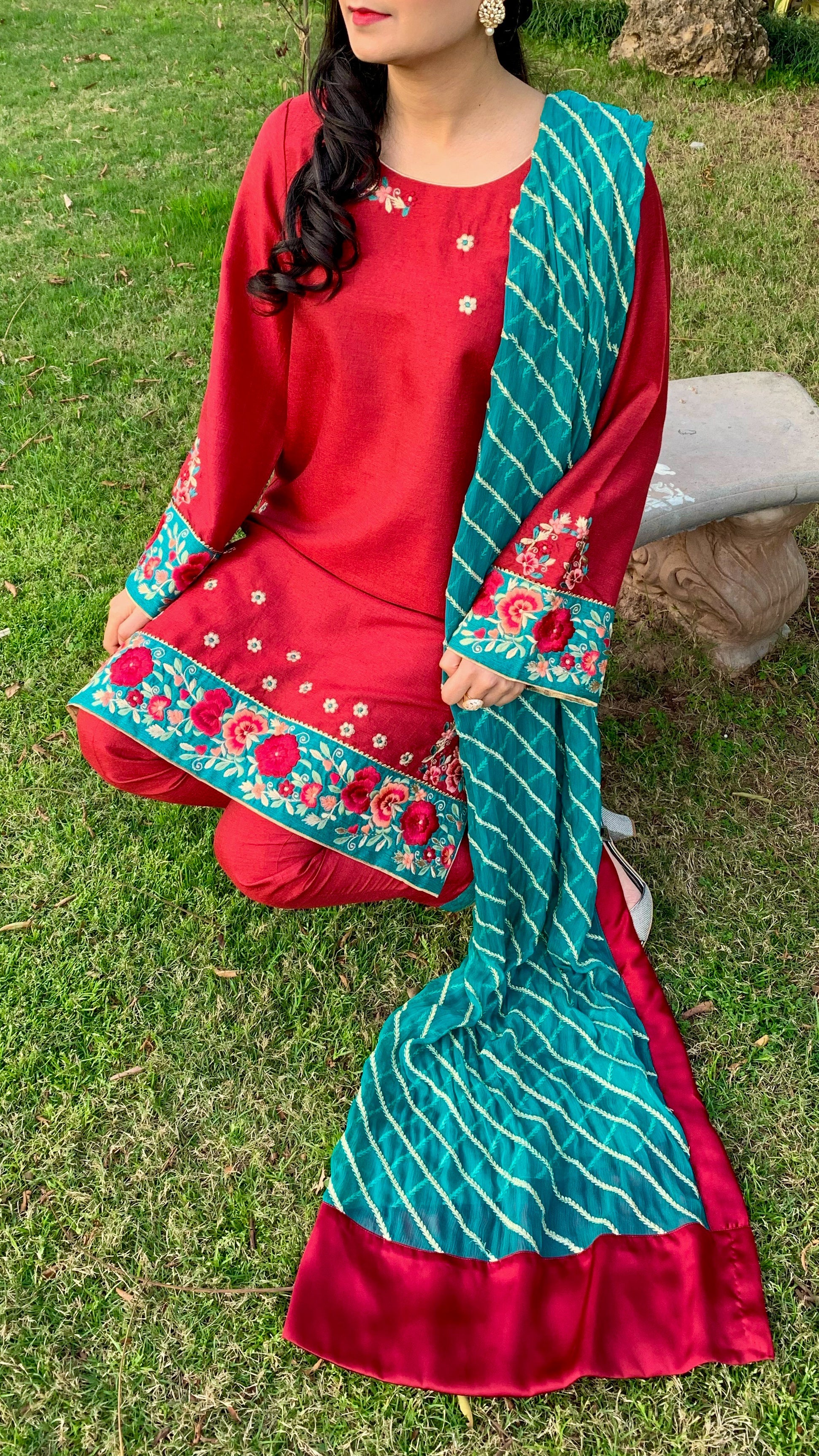 Red Karandi Raw Silk Shirt with Embroidery