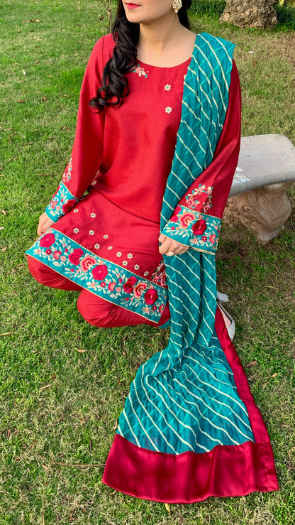 Red Karandi Raw Silk Shirt with Embroidery