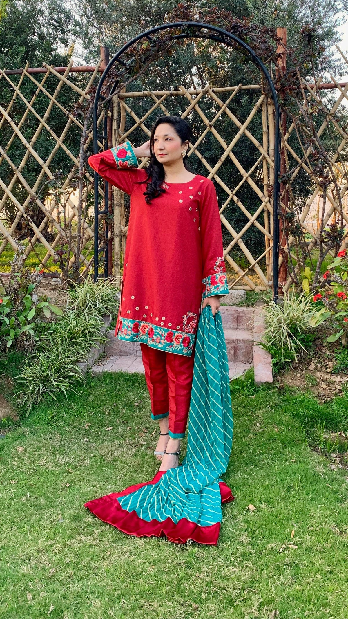 Red Karandi Raw Silk Shirt with Embroidery