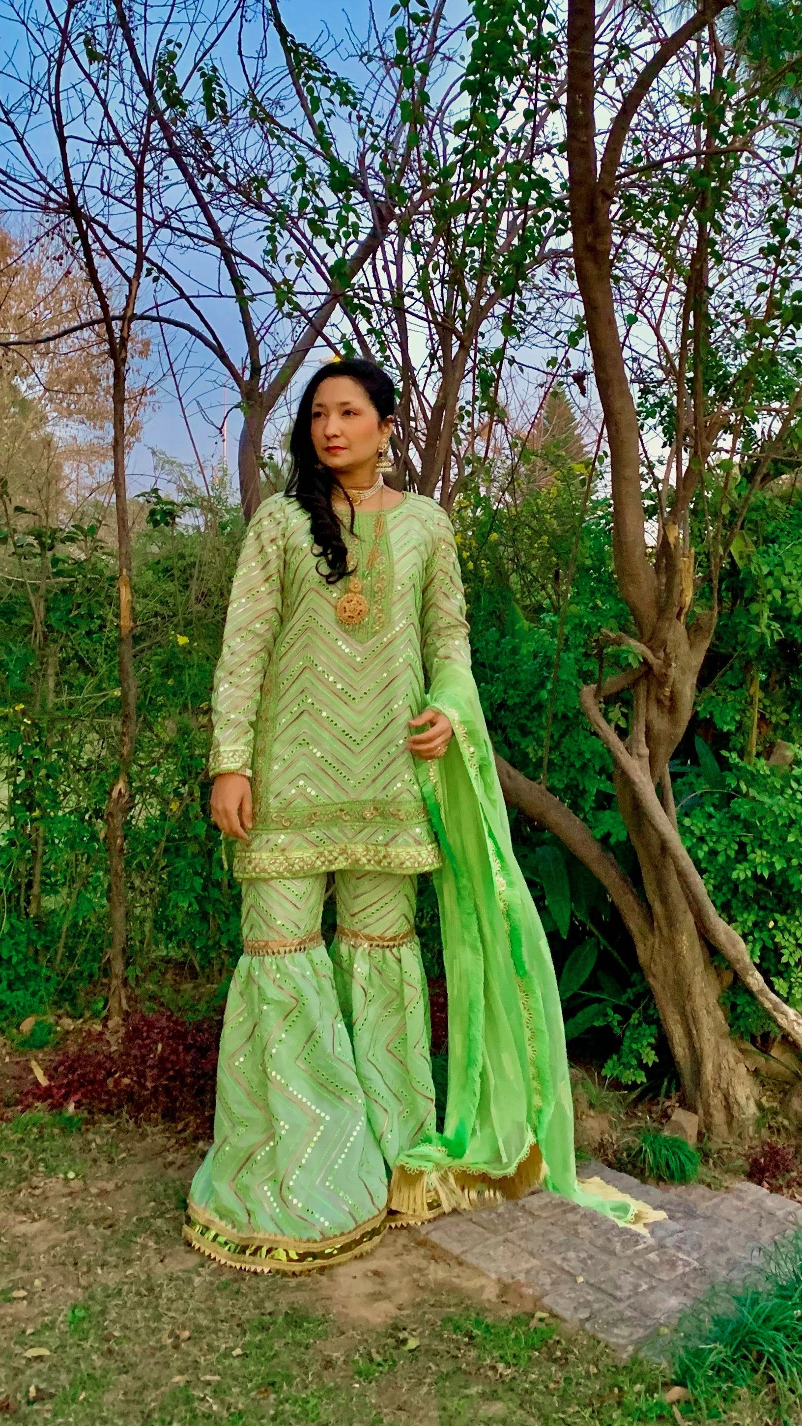 Neon-Mint Green Shirt and Lehenga Trousers