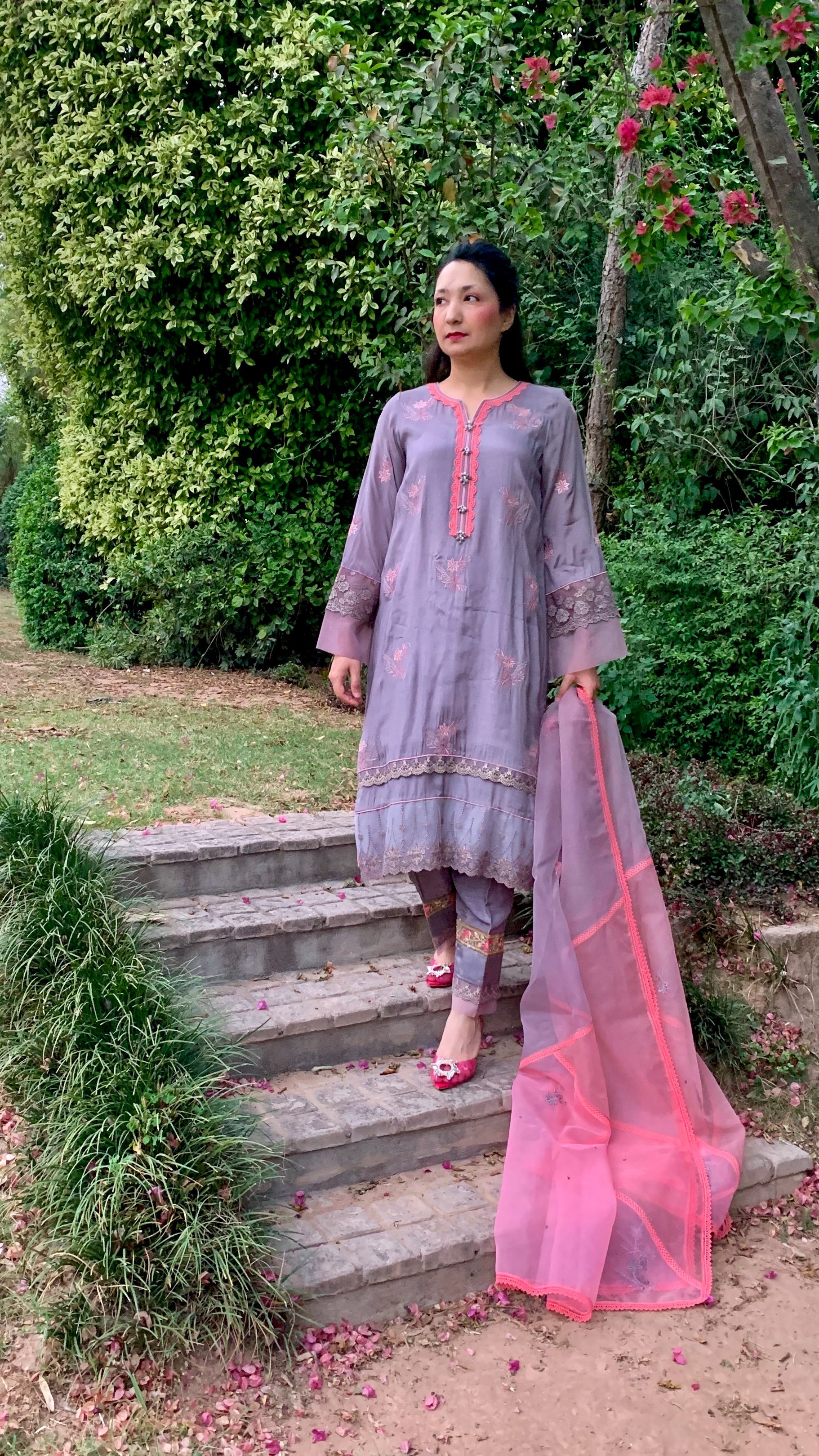 Grey Silk Shirt with Coral Embroidery