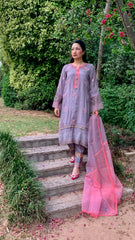 Grey Silk Shirt with Coral Embroidery