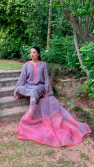 Grey Silk Shirt with Coral Embroidery