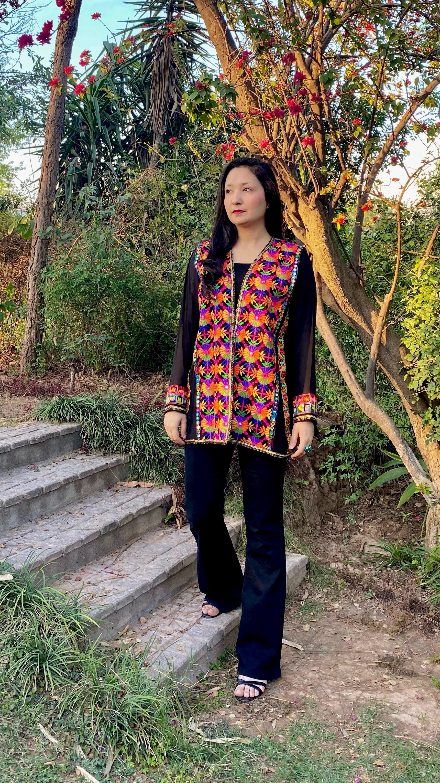 Black Truck Art Jacket with Flower Motif