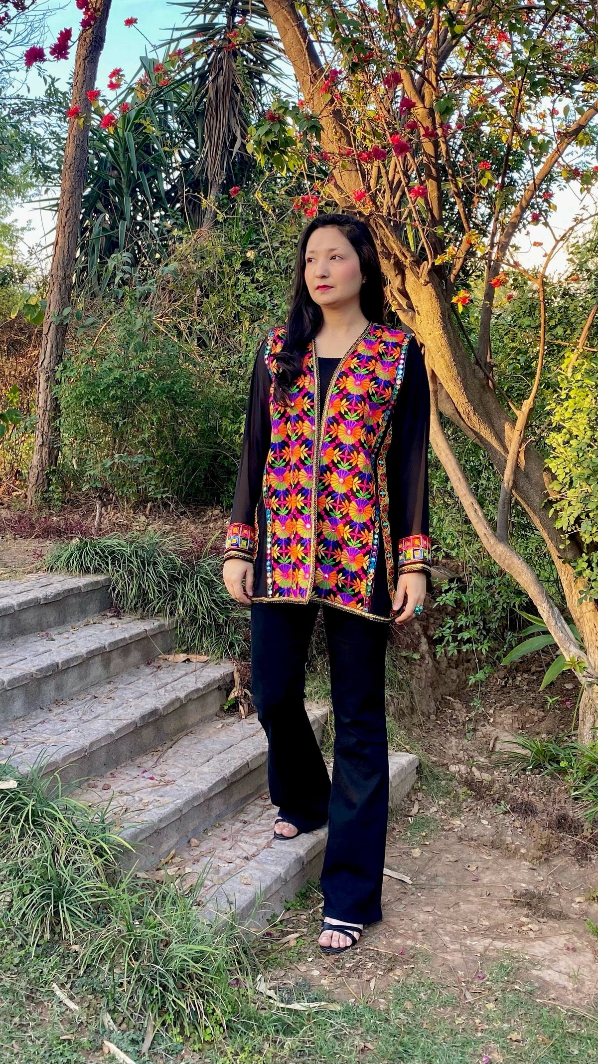 Black Truck Art Jacket with Flower Motif