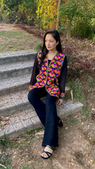 Black Truck Art Jacket with Flower Motif