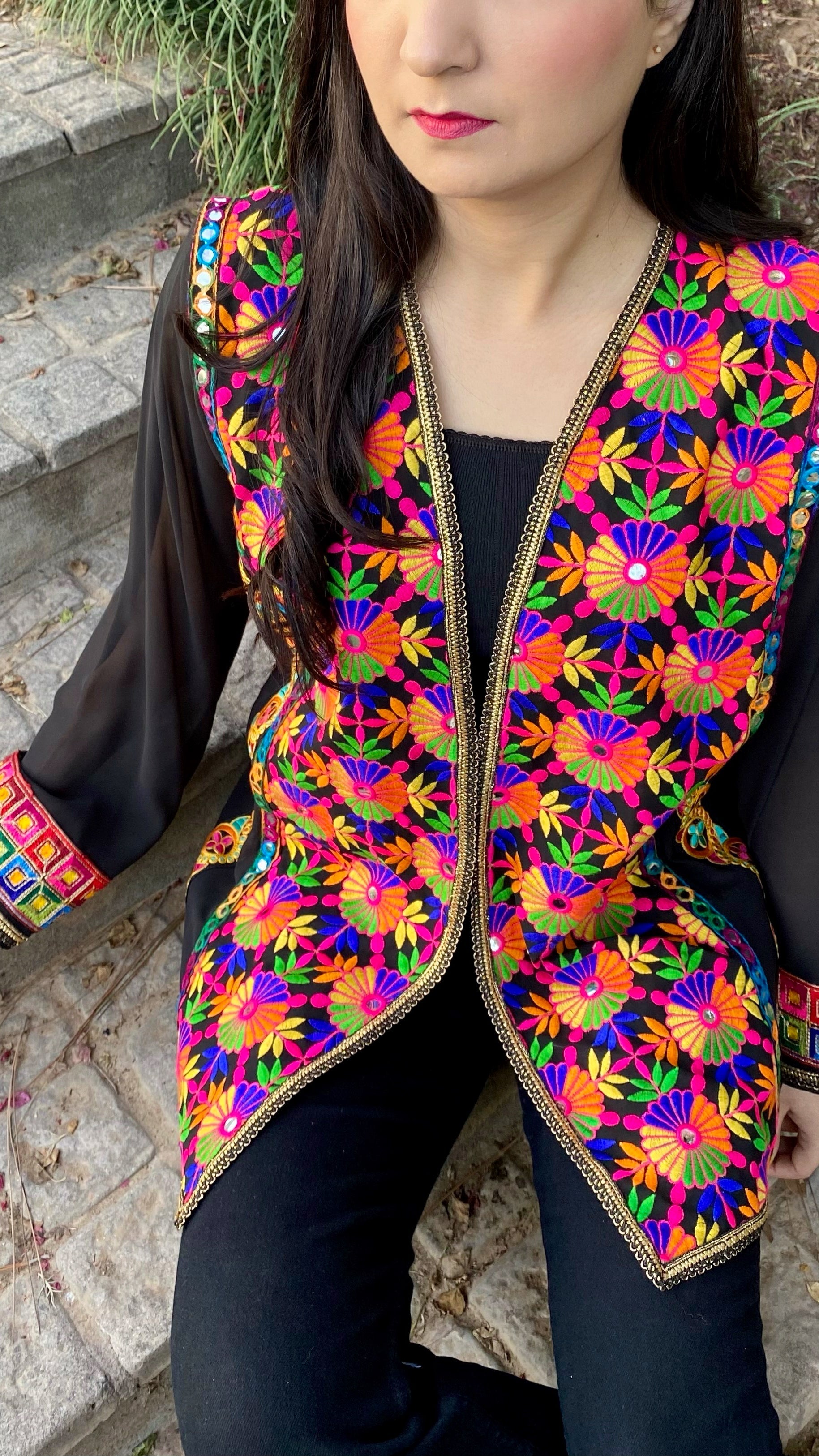 Black Truck Art Jacket with Flower Motif