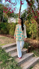 Cream Paper Silk Jacket with Blue Embroidered Flowers