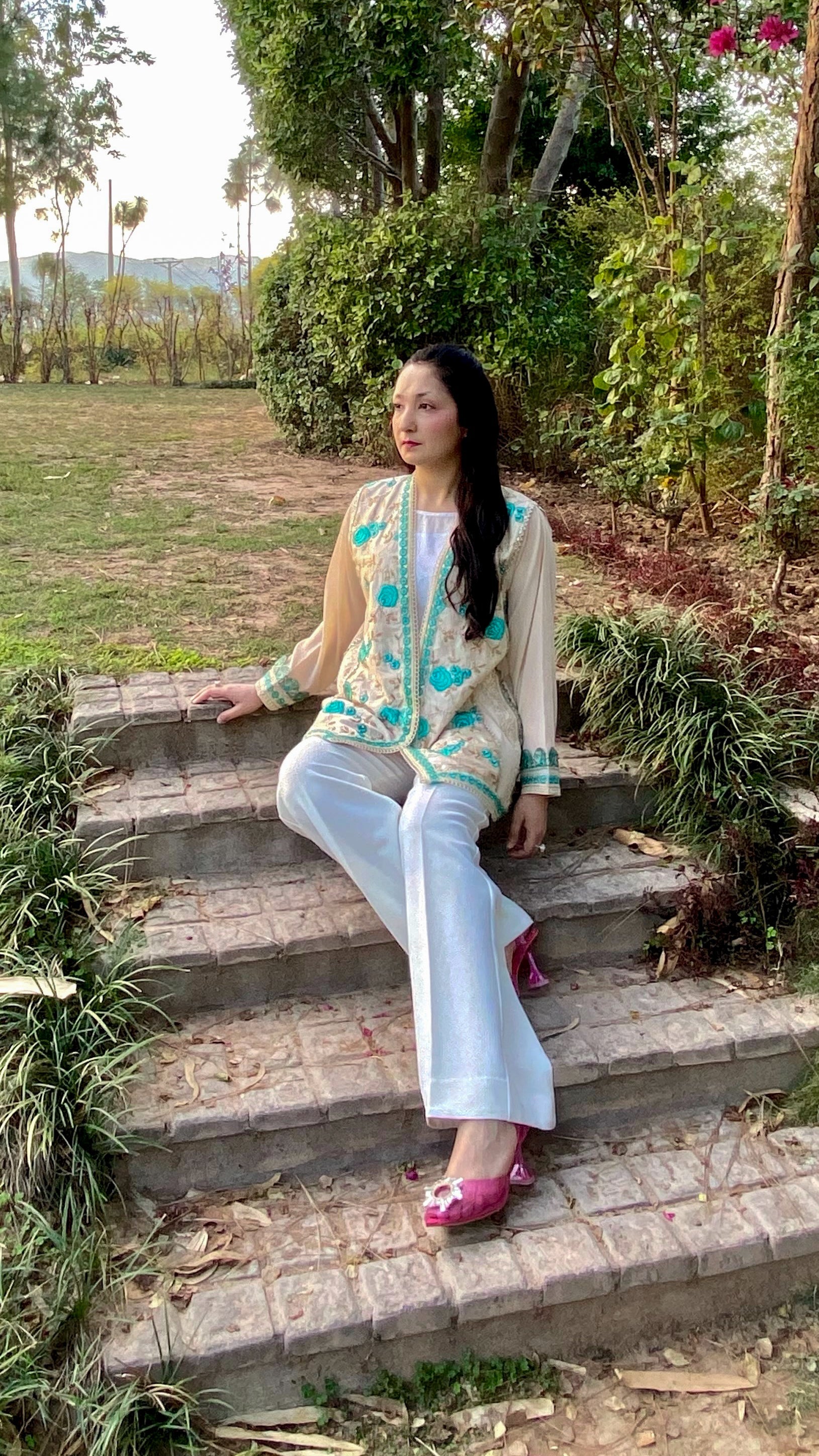 Cream Paper Silk Jacket with Blue Embroidered Flowers
