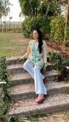 Cream Paper Silk Jacket with Blue Embroidered Flowers
