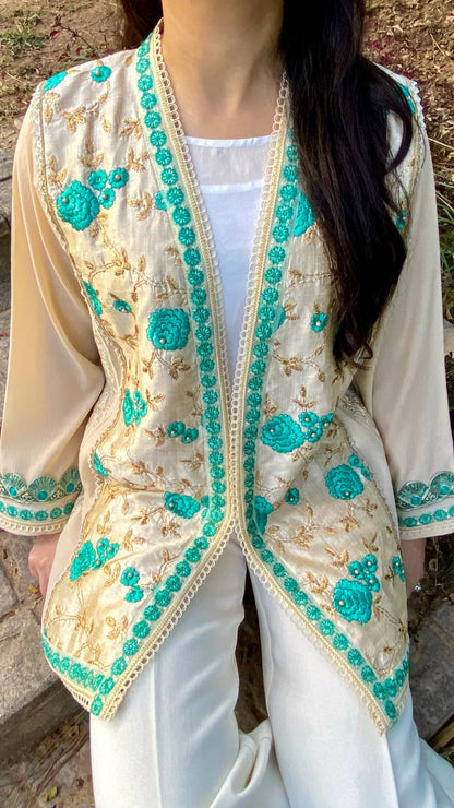 Cream Paper Silk Jacket with Blue Embroidered Flowers