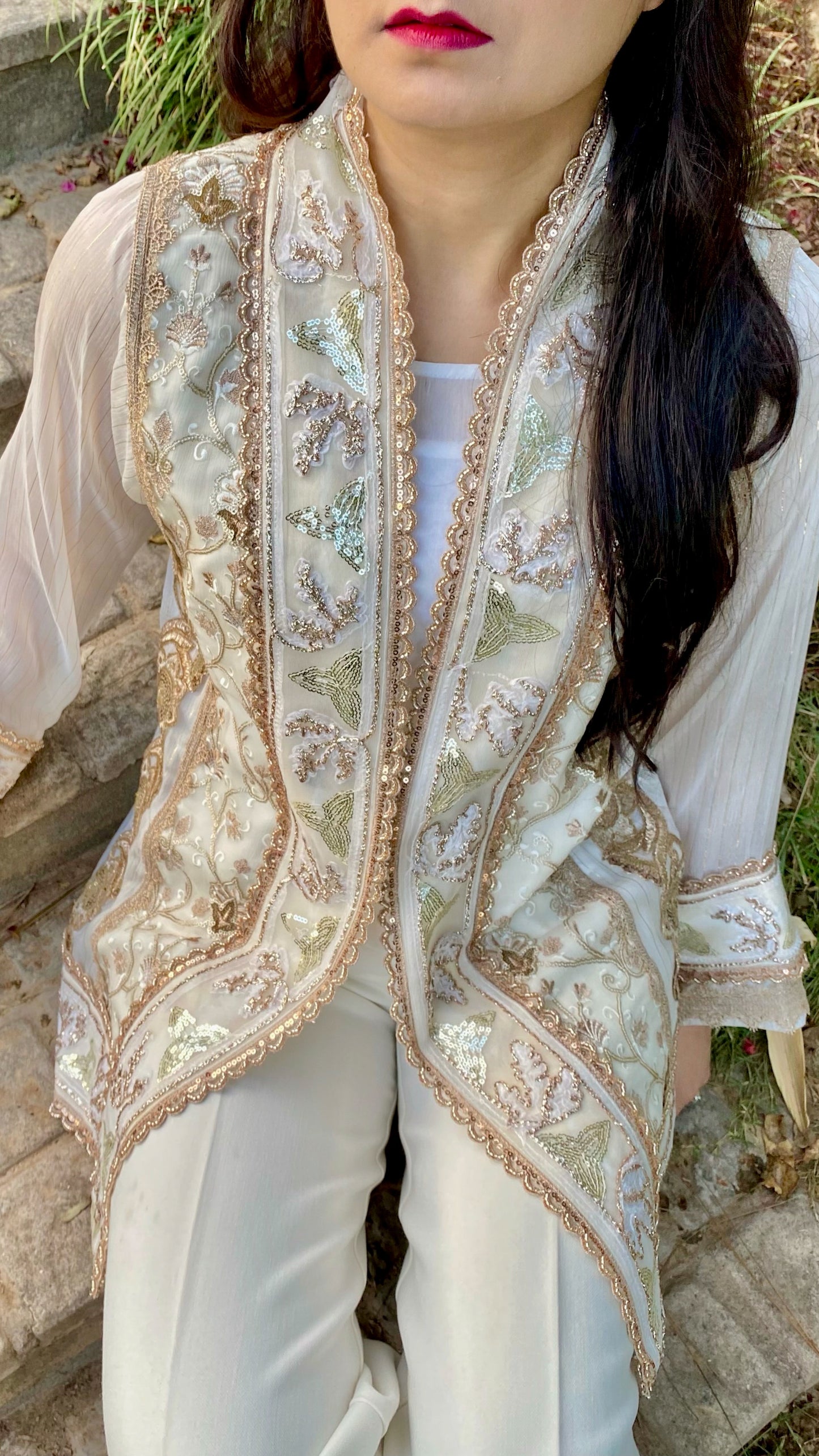 Ivory Embroidered Jacket with Sequinned Collar