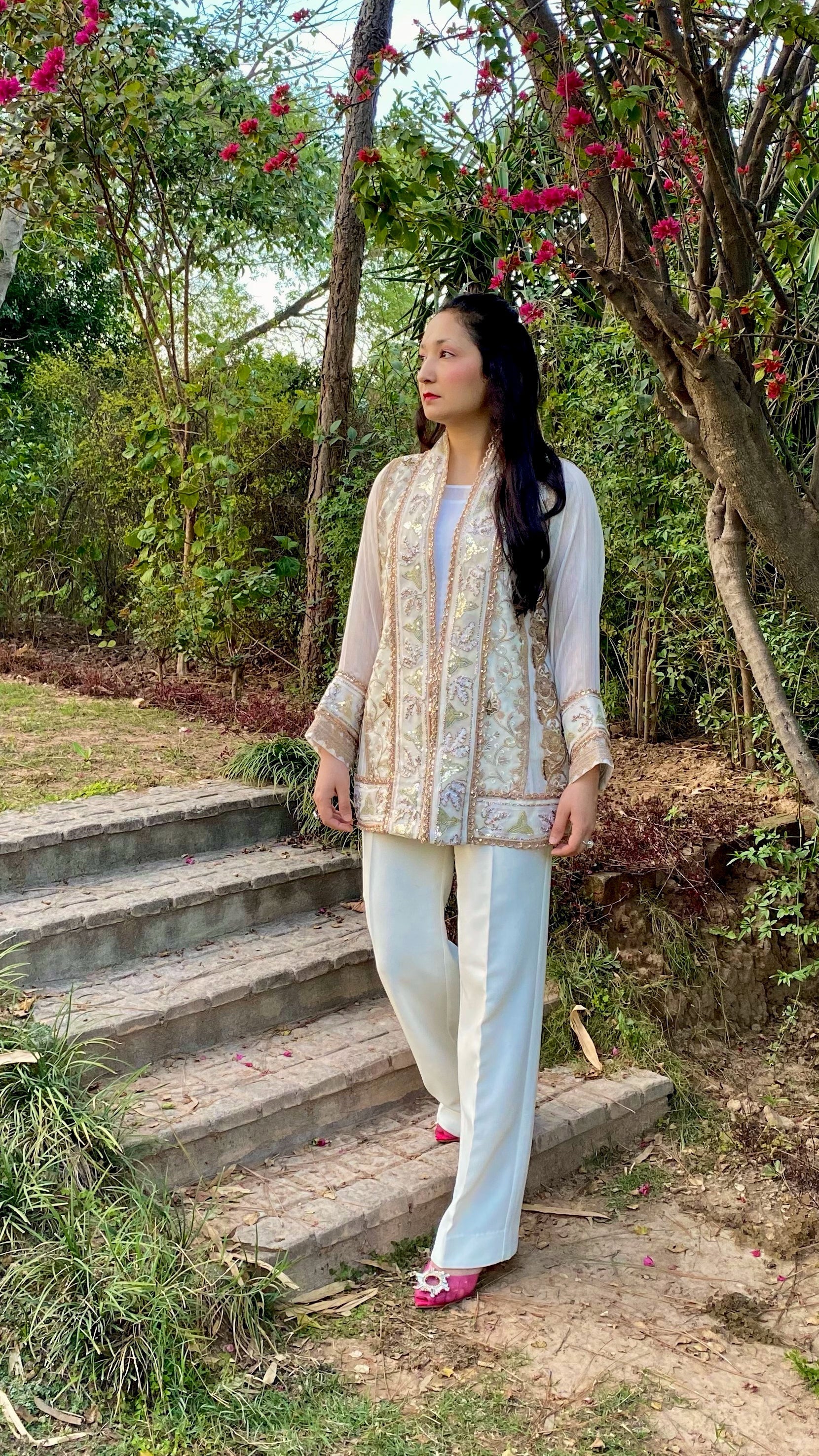 Ivory Embroidered Jacket with Sequinned Collar