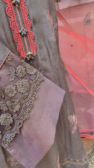 Grey Silk Shirt with Coral Embroidery