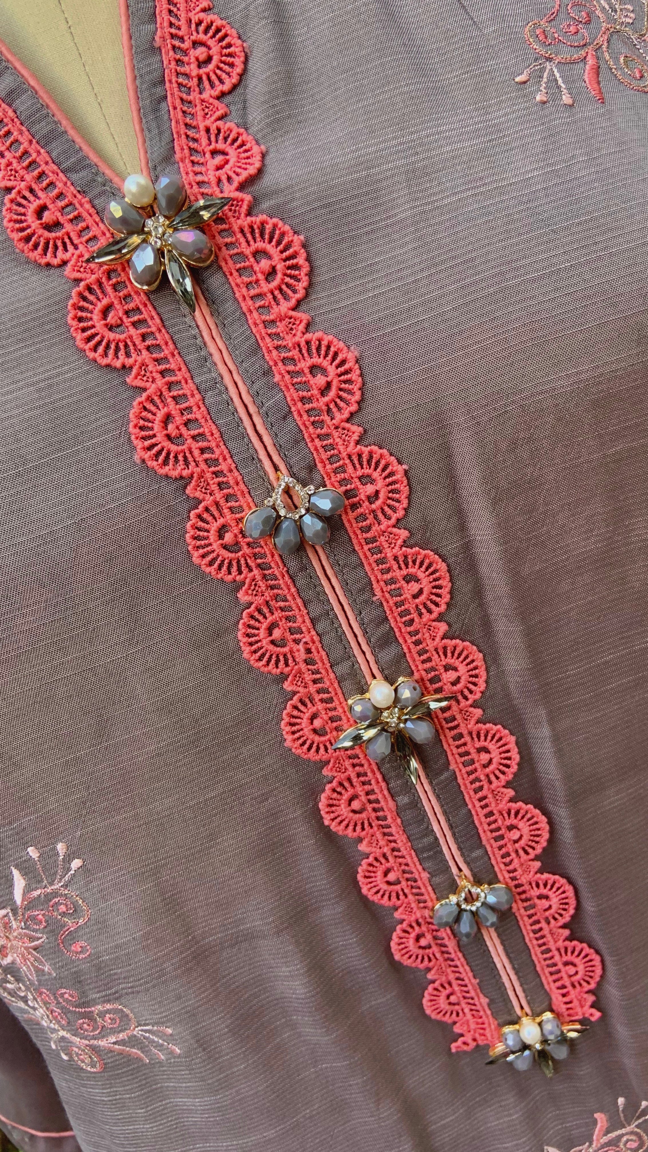 Grey Silk Shirt with Coral Embroidery