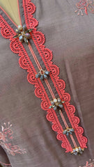 Grey Silk Shirt with Coral Embroidery