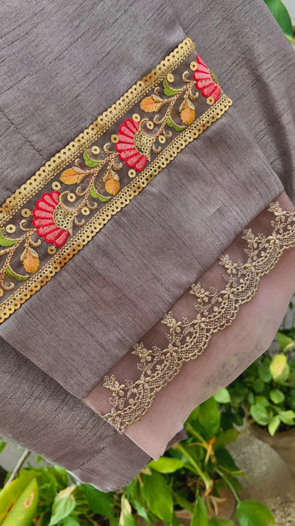 Grey Silk Shirt with Coral Embroidery